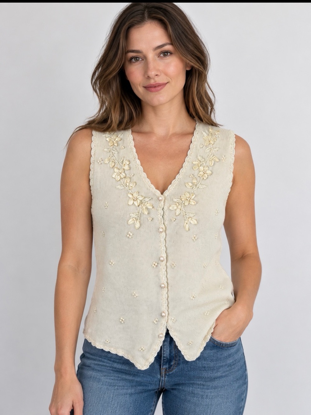 Embroidered V-Neck Cream Knit Tank